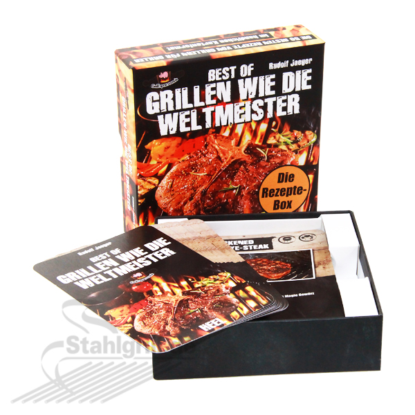 Grill Rezepte und eine kleine Grillfiebel in der praktischen Rezepte-Box Grillen wie die Weltmeister - Rezepte Box